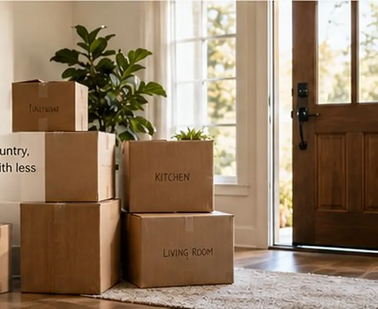 Moving boxes stacked by the front door